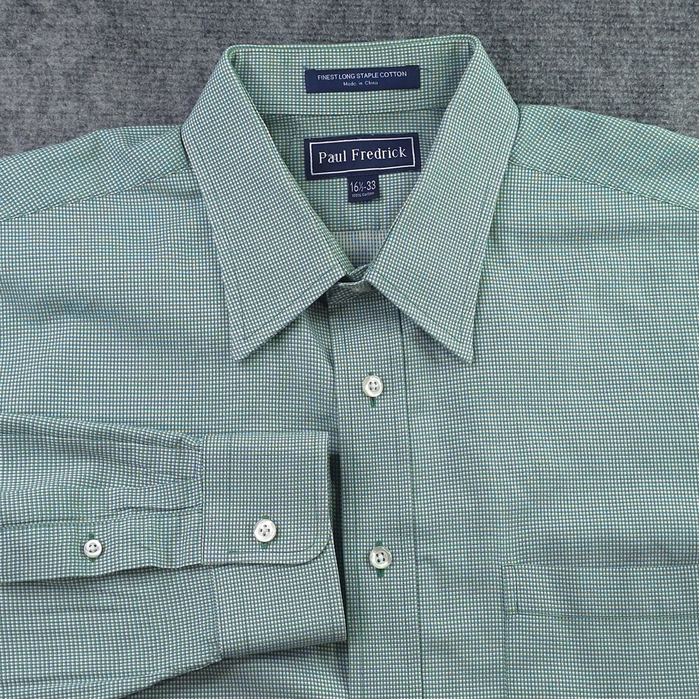 Paul‎ Fredrick Dress Shirt 16.5 33 Green Check Point Collar Pocket Cotton